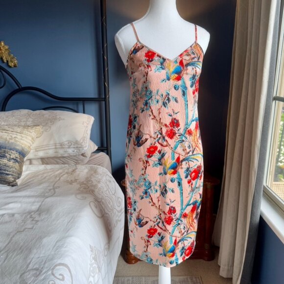 Pink 100% Silk Floral Bird Print Cami Dress - Picture 3 of 16